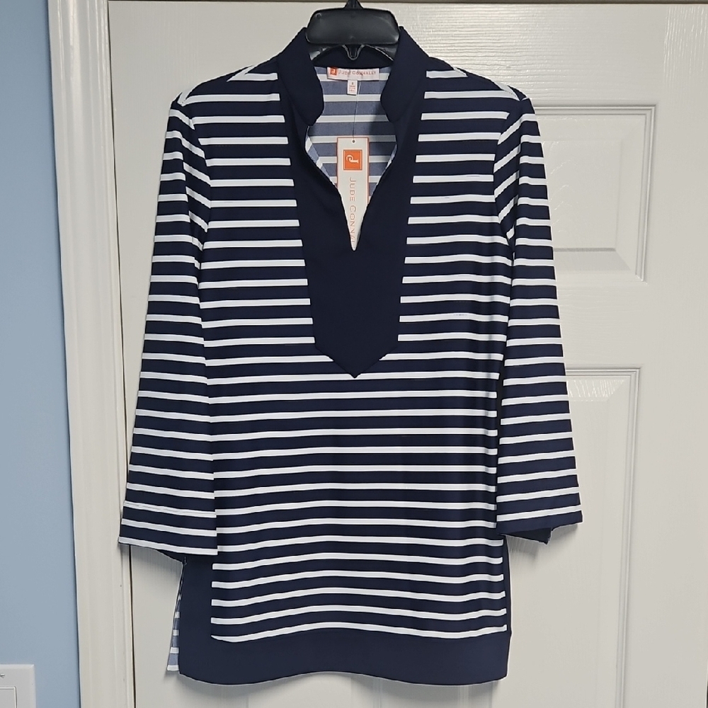 Jude Connally 3/4 Sleeve Timeless Tunic: Navy And White Stripe: Size- S